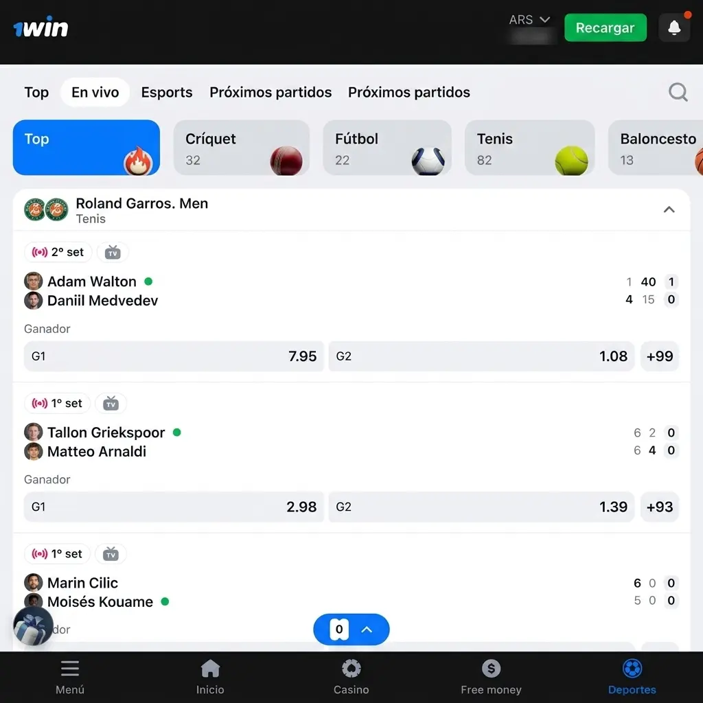 Presentación visual de la interfaz de la app 1win